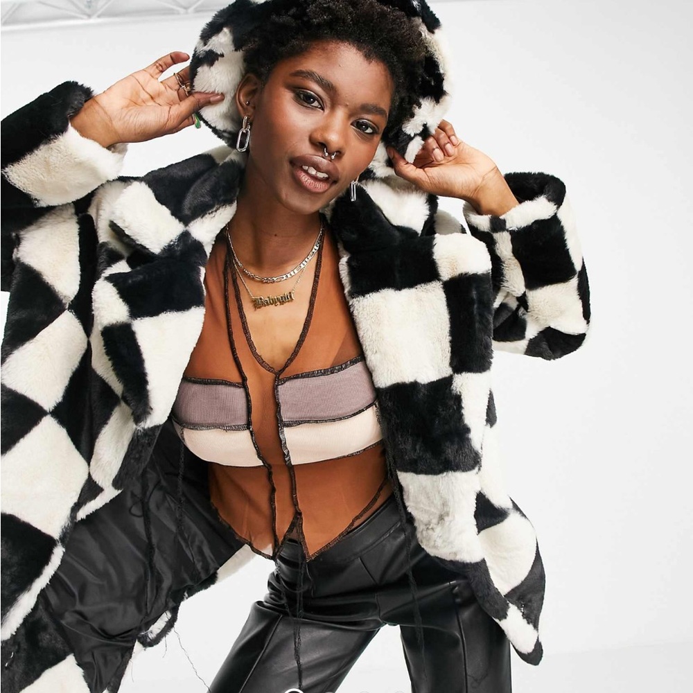 Asos coat in checkerboard faux fur. US 6.